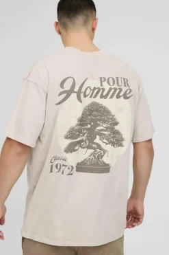 Fashion boohooMAN Oversized Extended Neck Pour Homme Bonsai Tree Washed T-Shirt taupe