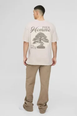 Fashion boohooMAN Oversized Extended Neck Pour Homme Bonsai Tree Washed T-Shirt taupe
