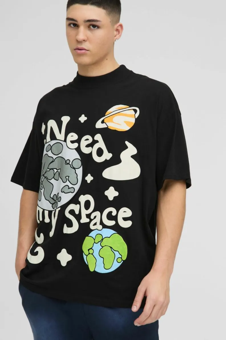 Clearance boohooMAN Oversized Extended Neck Puff Print Space Graphic T-shirt black