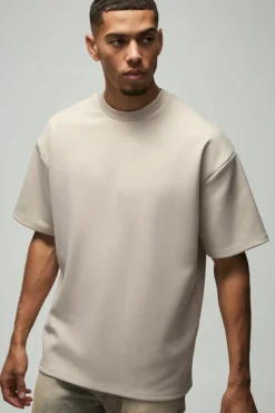 Hot boohooMAN Oversized Extended Neck Scuba T-Shirt stone