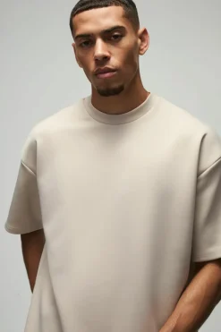 Hot boohooMAN Oversized Extended Neck Scuba T-Shirt stone