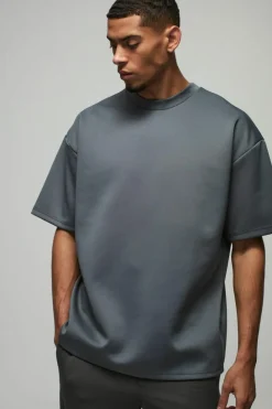 Shop boohooMAN Oversized Extended Neck Scuba T-Shirt slate