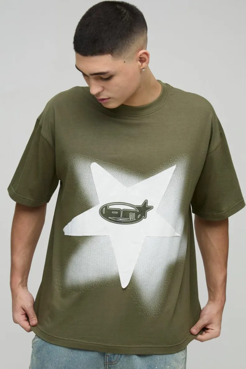 Fashion boohooMAN Oversized Extended Neck Star Applique Graphic T-Shirt khaki