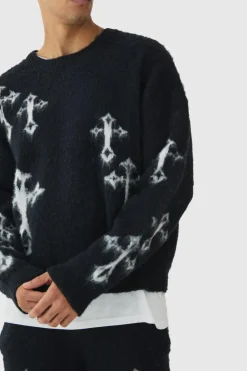 Sale boohooMAN Oversized Eyelash Knit Cross Graphic Jumper black