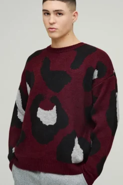 Shop boohooMAN Oversized Eyelash Knit Leopard Print Knitted Jumper burgundy