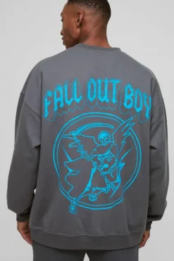 Cheap boohooMAN Oversized Fall Out Boy License Print Sweatshirt charcoal