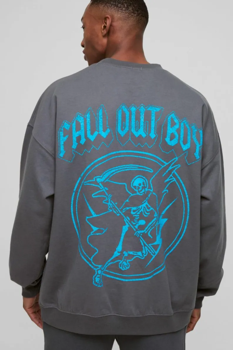Cheap boohooMAN Oversized Fall Out Boy License Print Sweatshirt charcoal