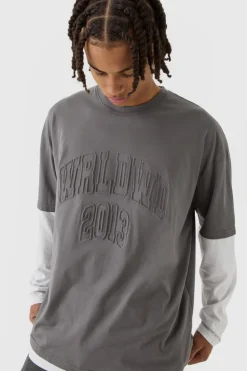 Clearance boohooMAN Oversized Faux Layer Varsity Embossed T-Shirt dark grey