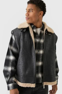Cheap boohooMAN Oversized Faux Suede Aviator Gilet Jacket In black