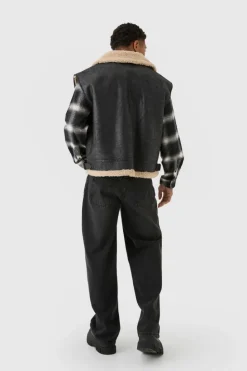 Cheap boohooMAN Oversized Faux Suede Aviator Gilet Jacket In black