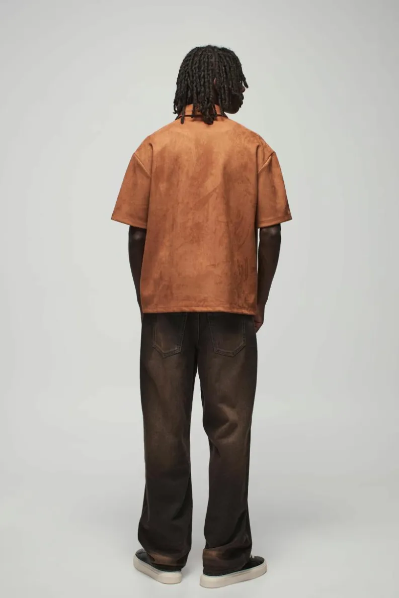 Fashion boohooMAN Oversized Faux Suede Collared Shirt taupe
