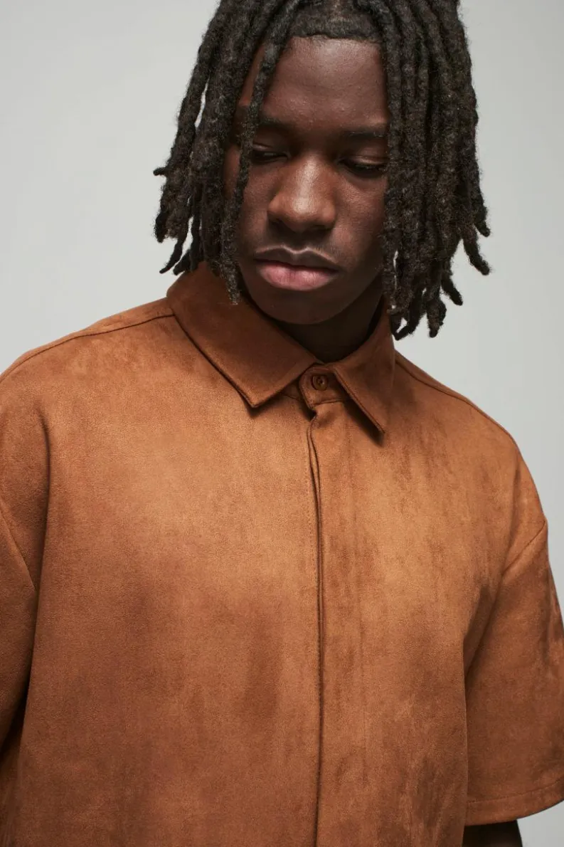 Fashion boohooMAN Oversized Faux Suede Collared Shirt taupe