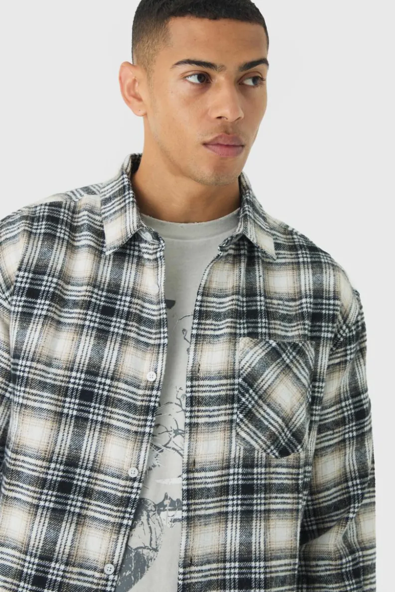 Clearance boohooMAN Oversized Flannel Check Long Sleeve Shirt white