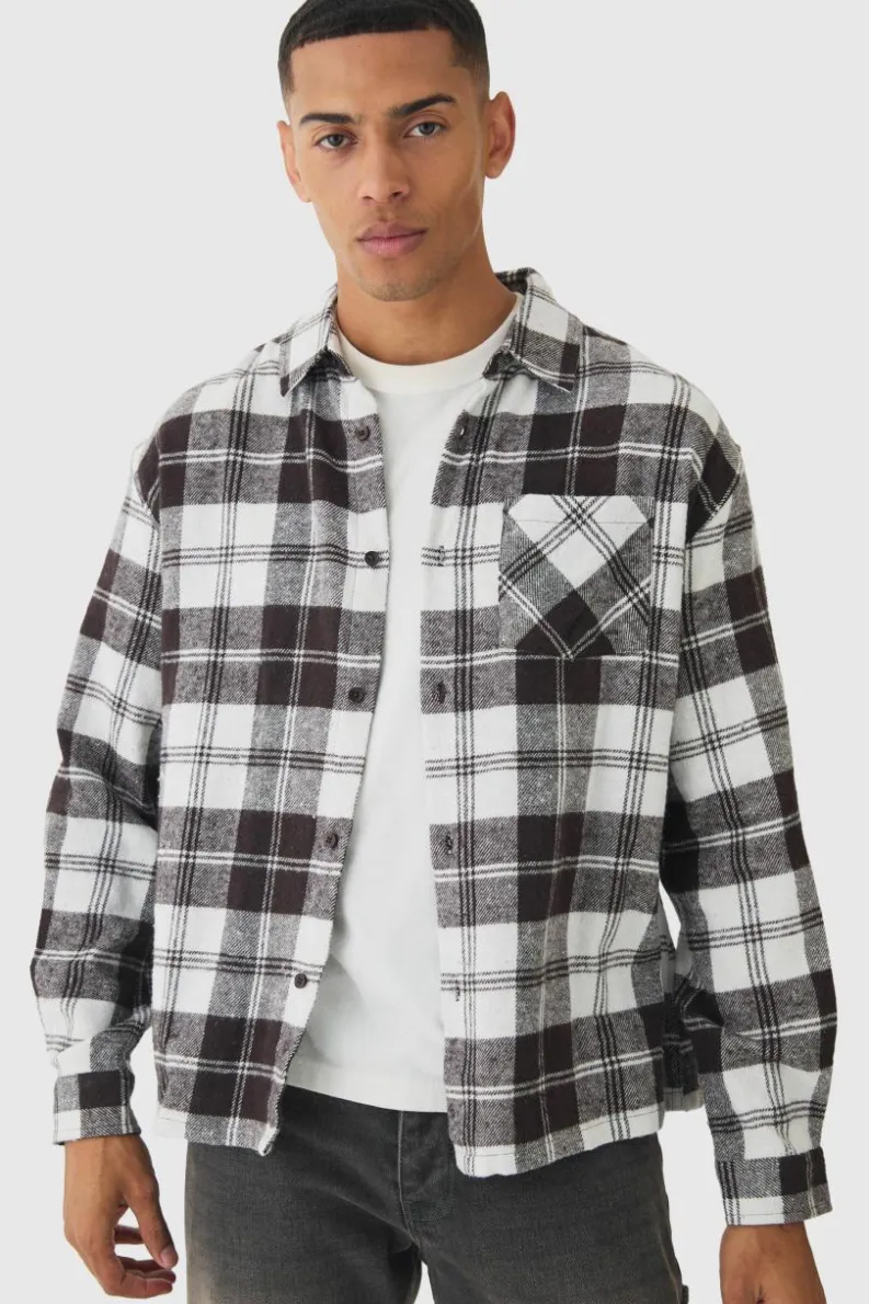 Cheap boohooMAN Oversized Flannel Long Sleeve Check Shirt chocolate