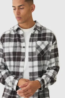 Cheap boohooMAN Oversized Flannel Long Sleeve Check Shirt chocolate