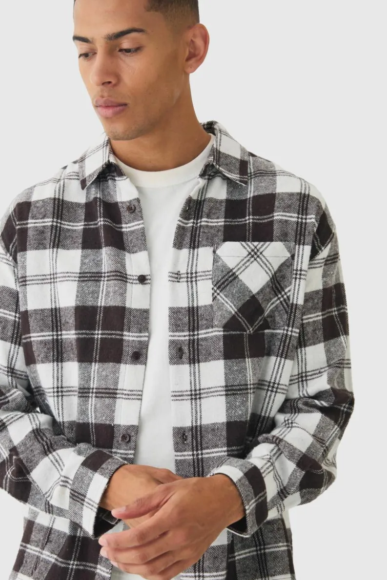 Cheap boohooMAN Oversized Flannel Long Sleeve Check Shirt chocolate