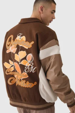 Online boohooMAN Oversized Floral Badge Collared Varsity Jacket In brown