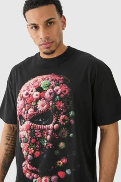 Discount boohooMAN Oversized Floral Mask T-shirt black