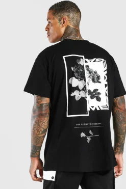 Outlet boohooMAN Oversized Floral Photo Back Print T-Shirt black