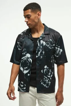 New boohooMAN Oversized Floral Printed Satin Short Sleeve Shirt black