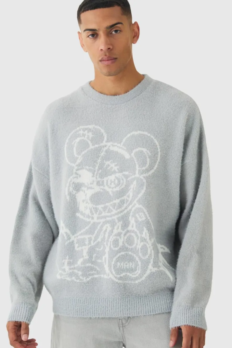 Online boohooMAN Oversized Fluffy Teddy Jumper in grey