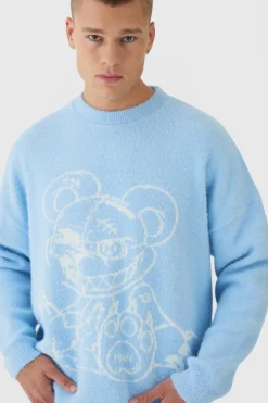 Sale boohooMAN Oversized Fluffy Teddy Jumper in Blue light blue