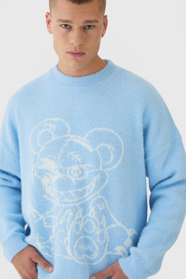 Sale boohooMAN Oversized Fluffy Teddy Jumper in Blue light blue