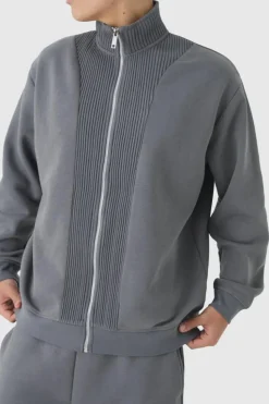 Flash Sale boohooMAN Oversized Funnel Neck Thick Rib Detail Zip Through Tracksuit charcoal
