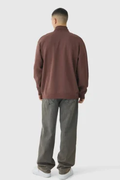 Fashion boohooMAN Oversized Funnel Neck Zip Through Thick Rib Sweat chocolate