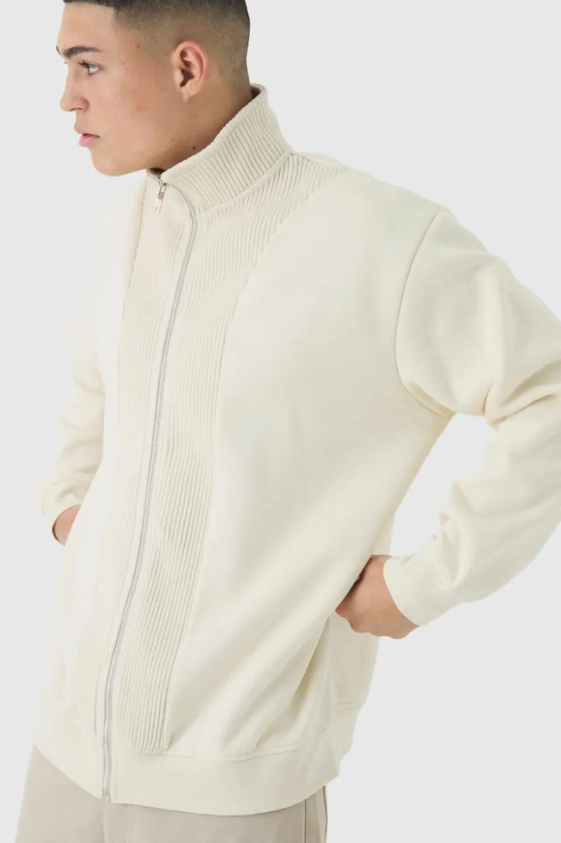 Flash Sale boohooMAN Oversized Funnel Neck Zip Through Thick Rib Sweat ecru