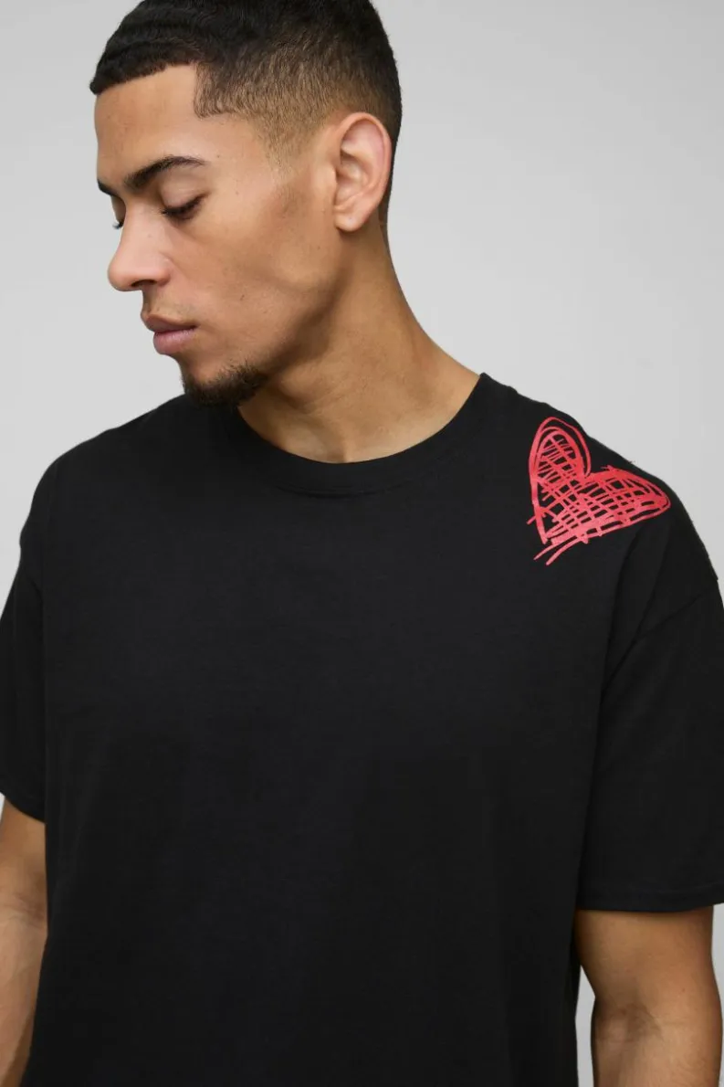 Best Sale boohooMAN Oversized Graffiti Heart Print T-Shirt black