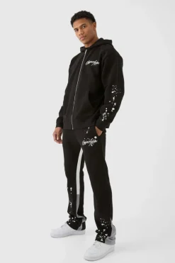 Cheap boohooMAN Oversized Graffiti Paint Splatter Gusset Tracksuit black