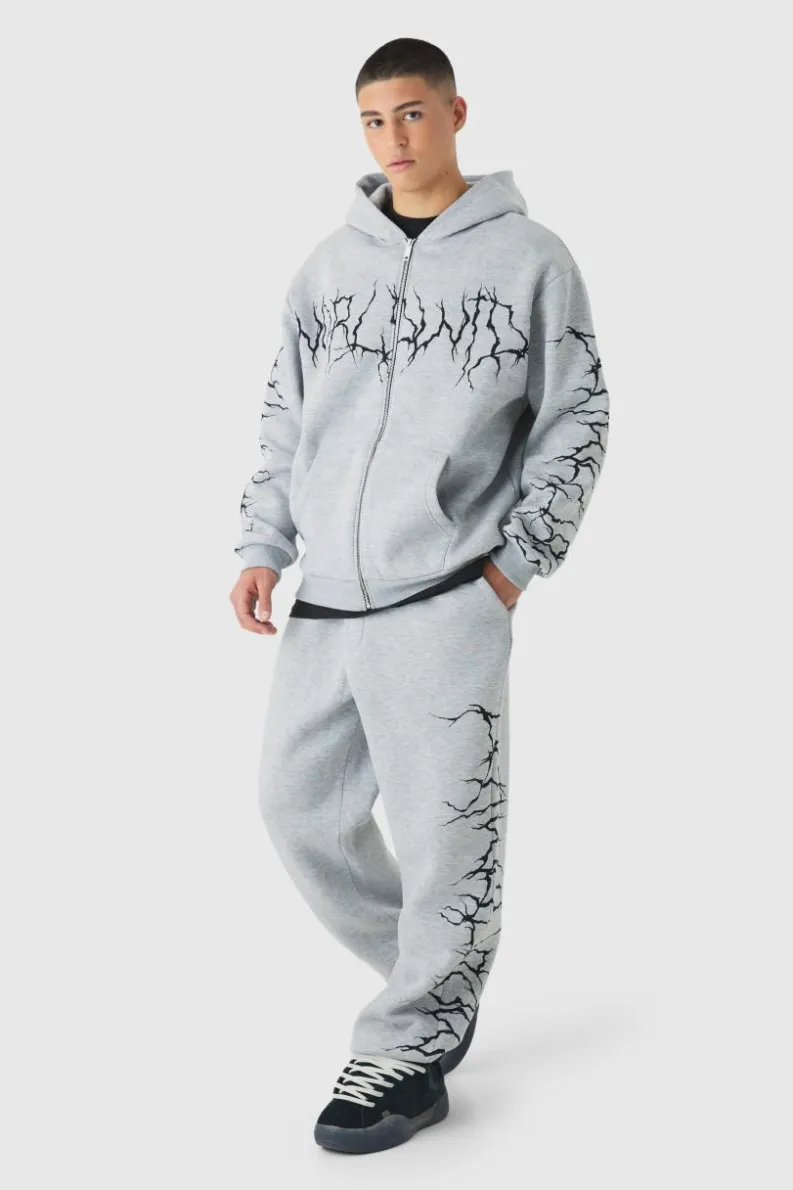 Shop boohooMAN Oversized Graffiti Zip Through Hooded Tracksuit grey marl