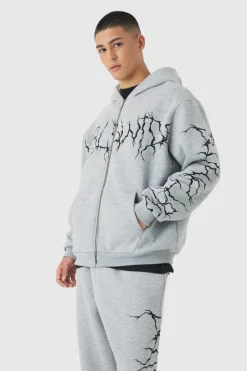 Shop boohooMAN Oversized Graffiti Zip Through Hooded Tracksuit grey marl