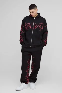 Flash Sale boohooMAN Oversized Graffiti Zip Through Hooded Tracksuit black