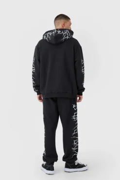 Cheap boohooMAN Oversized Graffiti Zip Through Hooded Tracksuit black