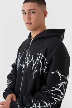 Cheap boohooMAN Oversized Graffiti Zip Through Hooded Tracksuit black