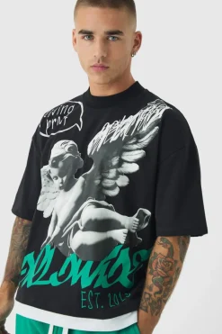 Discount boohooMAN Oversized Graphic Faux Layer T-Shirt And Jogger Set green
