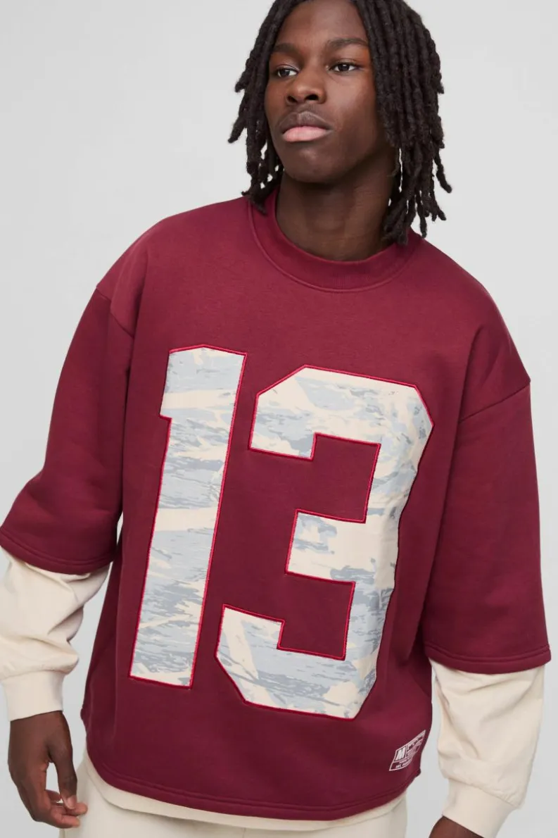 Hot boohooMAN Oversized Half Sleeve Faux Layer 13 Applique Sweatshirt burgundy