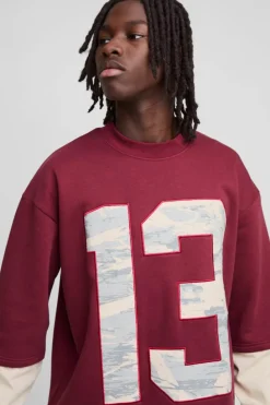 Hot boohooMAN Oversized Half Sleeve Faux Layer 13 Applique Sweatshirt burgundy