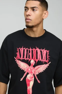 Cheap boohooMAN Oversized Half Sleeve Raw Hem Nirvana License Print Sweatshirt black