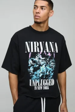 Online boohooMAN Oversized Half Sleeve Raw Hem Nirvana License Print Sweatshirt black