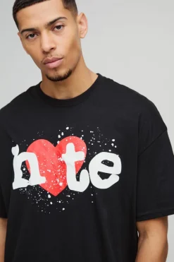 Best Sale boohooMAN Oversized Hate Heart Puff Print Graphic T-Shirt black