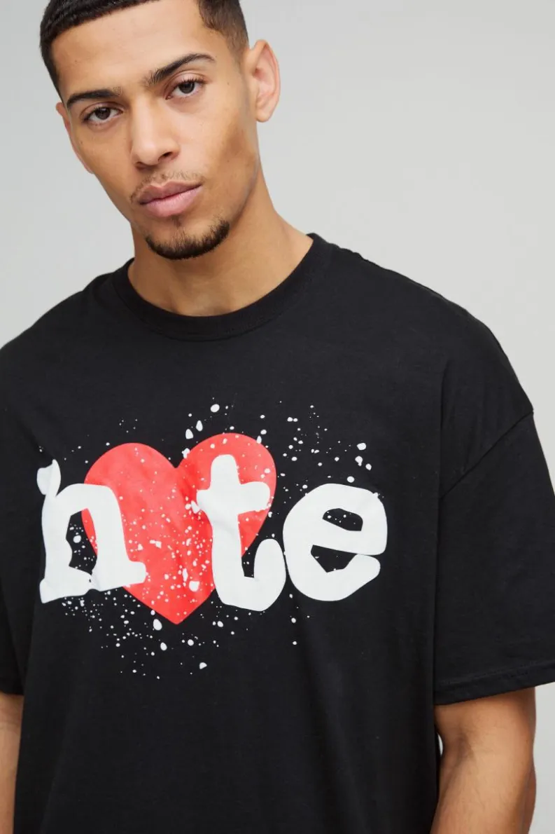 Best Sale boohooMAN Oversized Hate Heart Puff Print Graphic T-Shirt black
