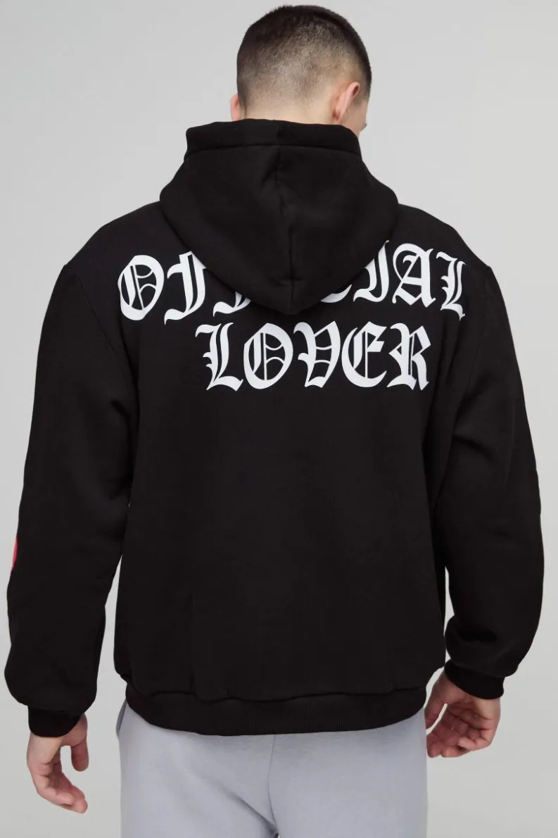 Sale boohooMAN Oversized Heart Skeleton Puff Print Zip Through Hoodie black