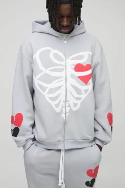 Hot boohooMAN Oversized Heart Skelton Puff Print Flare Zip Through Tracksuit grey
