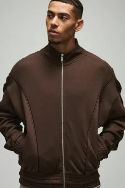 New boohooMAN Oversized Heavy Rib Panelled 3D Embroidered Track Top chocolate