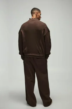 New boohooMAN Oversized Heavy Rib Panelled 3D Embroidered Track Top chocolate