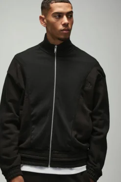 Fashion boohooMAN Oversized Heavy Rib Panelled 3D Embroidered Track Top black