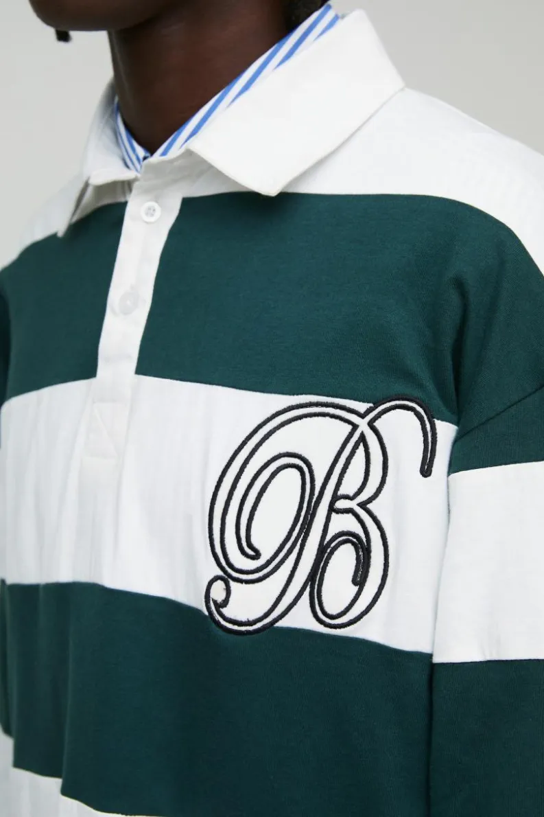 Discount boohooMAN Oversized Heavyweight Cut and Sew Applique Rugby Polo white